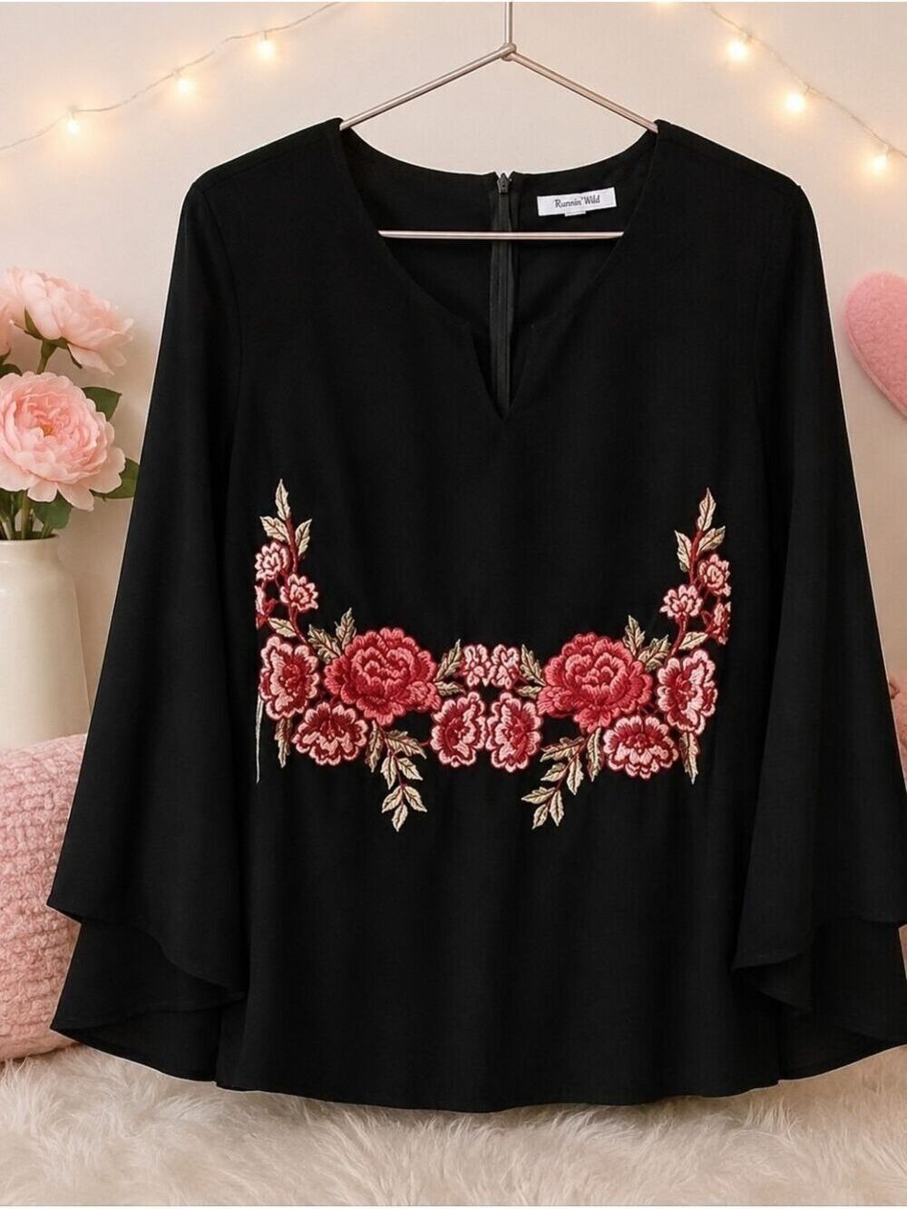 Black Layered Bell Sleeve Blouse With Empire Waist With Rose Embroidery Detail